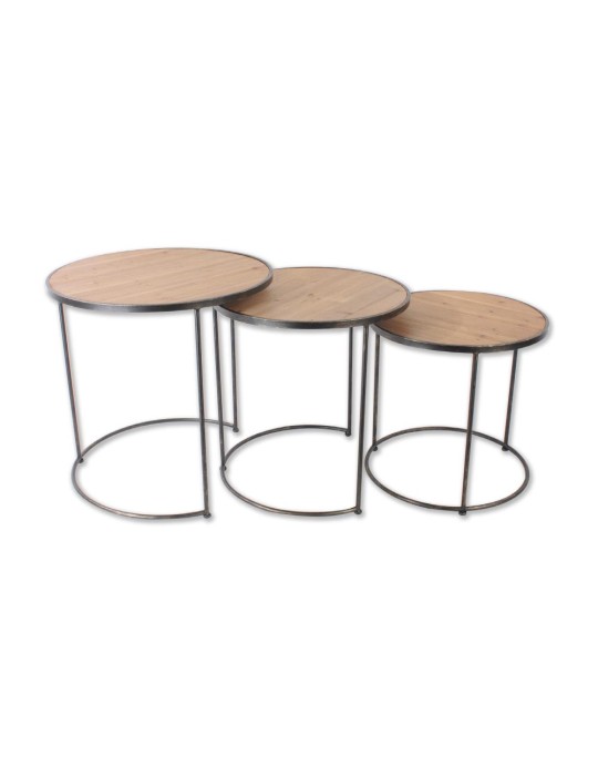 Set de 3 tables basses bois et métal – 52.010 – 60x60x60 cm / 53x53x55 cm / 48x48x50 cm