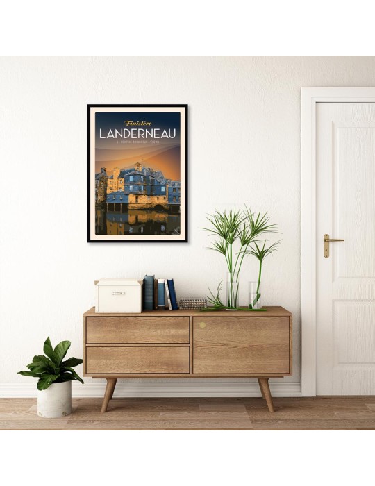 Landerneau - Le Pont de Rohan Nuit - Poster affiche – image encadrée
