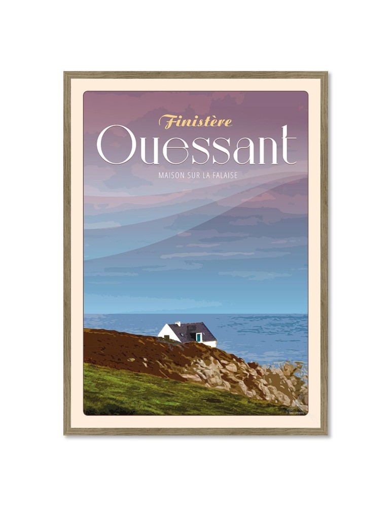 Ouessant Maison sur la Falaise "ciel rose" - Poster affiche – image encadrée