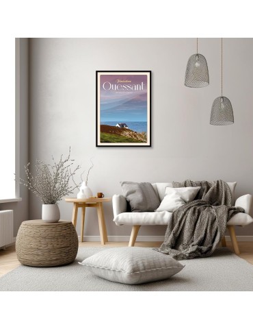 Ouessant Maison sur la Falaise "ciel rose" - Poster affiche – image encadrée 2